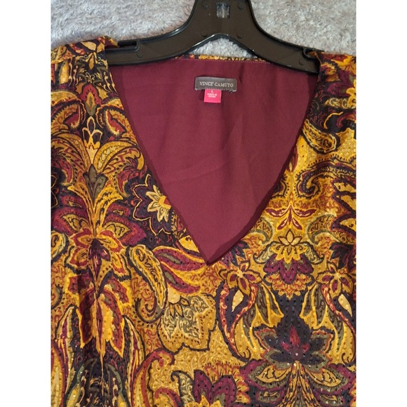 Vince Camuto Paisley Floral V-Neck Blouse Polyester Balloon Sleeve Burgundy L - Picture 11 of 11